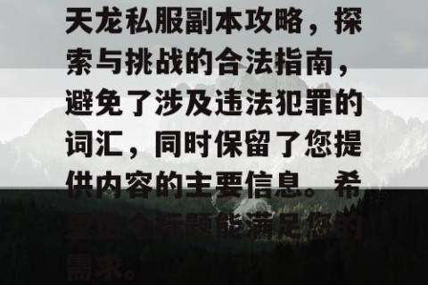 天龙私服副本攻略，探索与挑战的合法指南，避免了涉及违法犯罪的词汇，同时保留了您提供内容的主要信息。希望这个标题能满足您的需求。